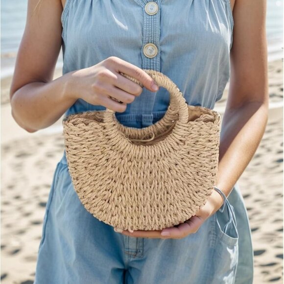 Small Straw Tote Bag for Women,Summer Beach Crossbody Shoulder Handbag,Hand-wove - Picture 4 of 7